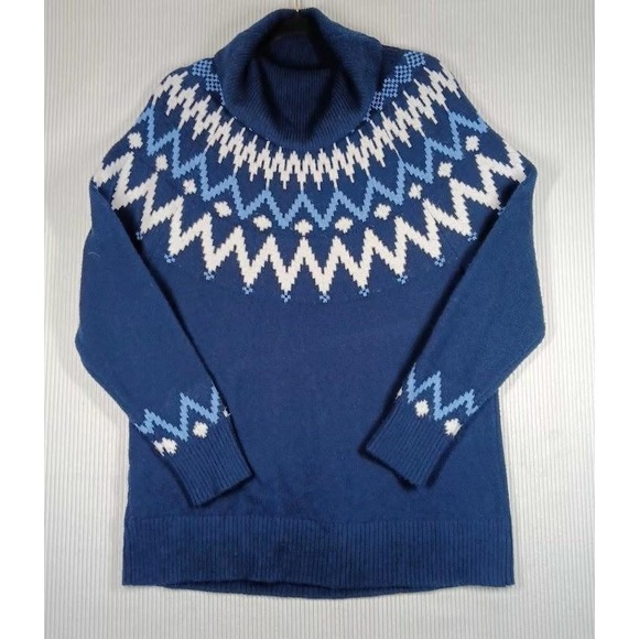 LOFT Sweater Womens Medium Blue Geometric Turtleneck Pullover Acrylic Blend - Picture 1 of 9